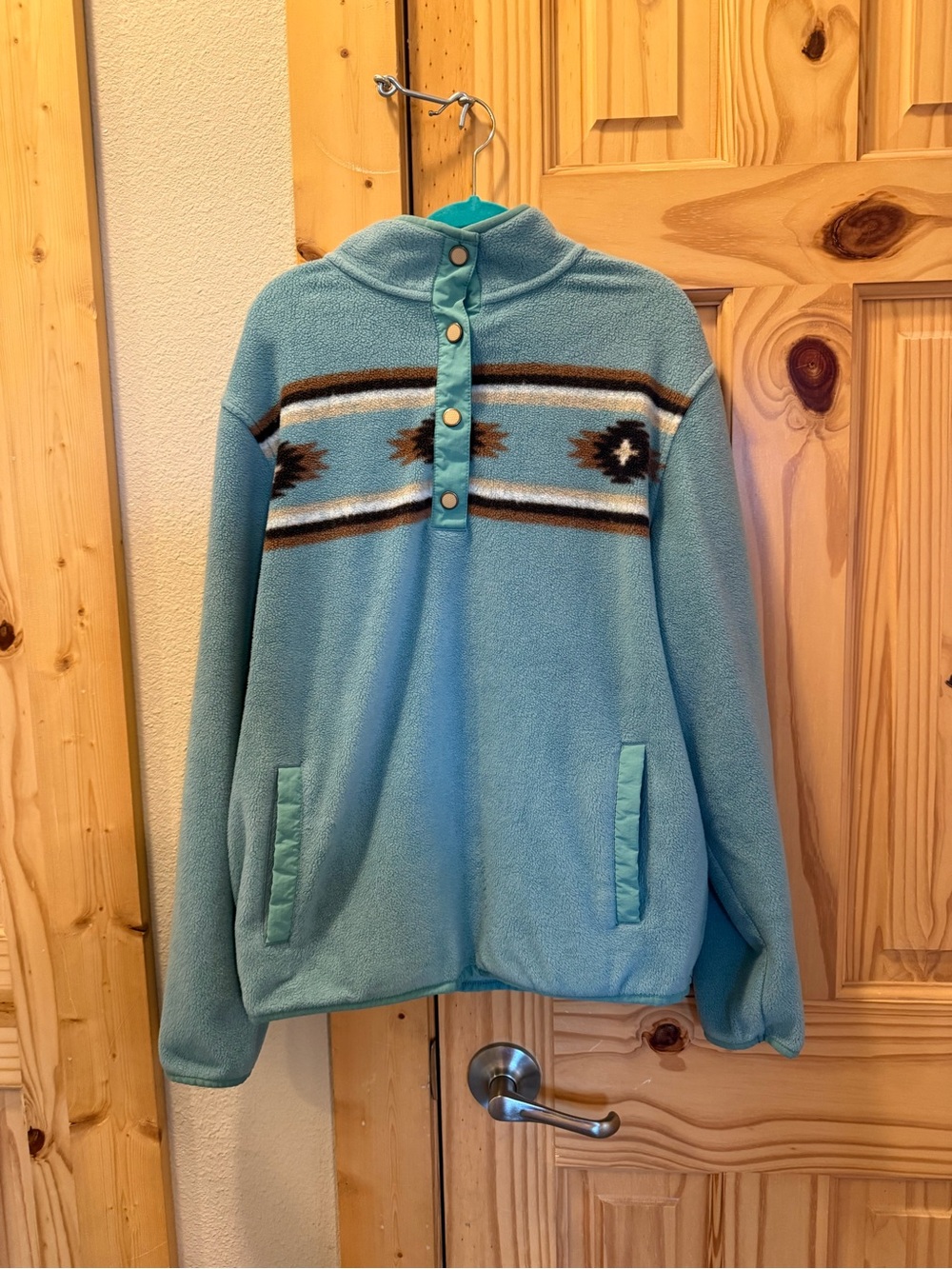 Light Blue Fleece Pullover Sweater with Aztec Stripe